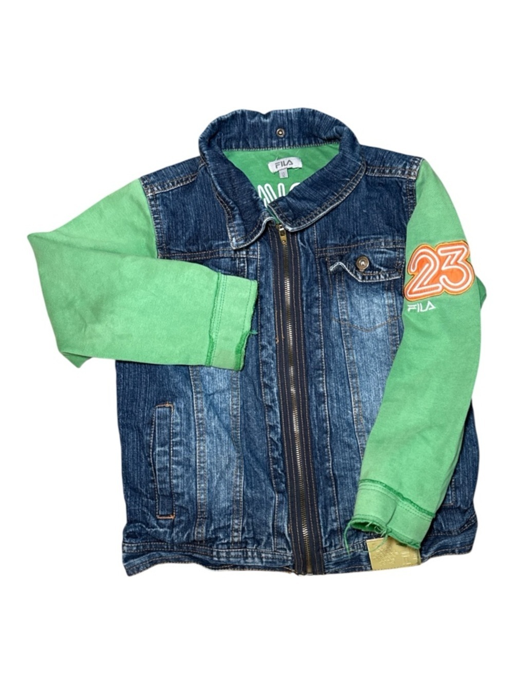 Fila Kids Fleece Denim Jacket Distressed Sleeves Size 12